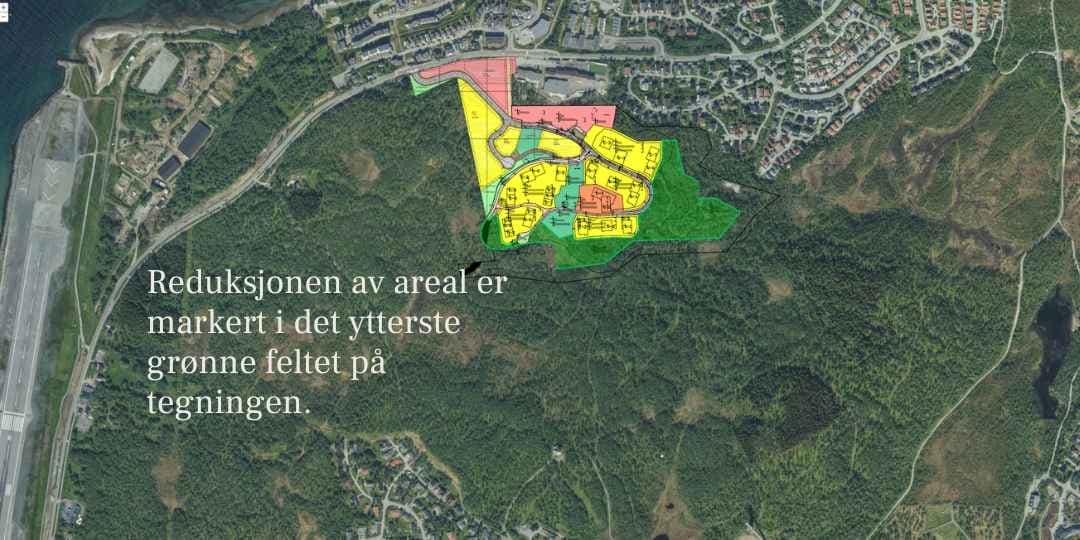 Gjennom revidering av vår godkjente plan har vi redusert arealet vi bygger på med ca. 32 000 kvm, og flyttet oss ned mot bebyggelsen som allerede er i området.